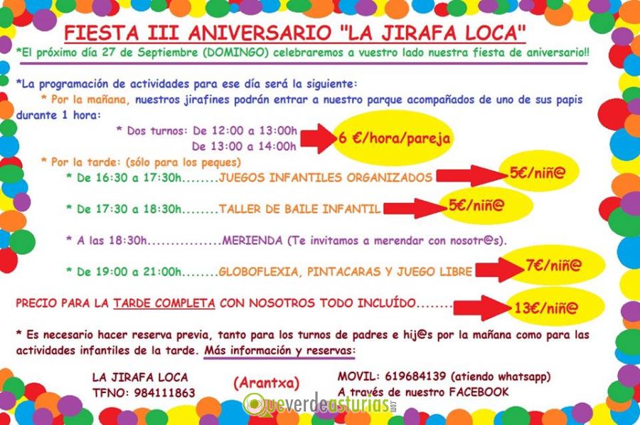 Fiesta III Aniversario de La Jirafa Loca | Actividades infantiles en Siero,  Asturias